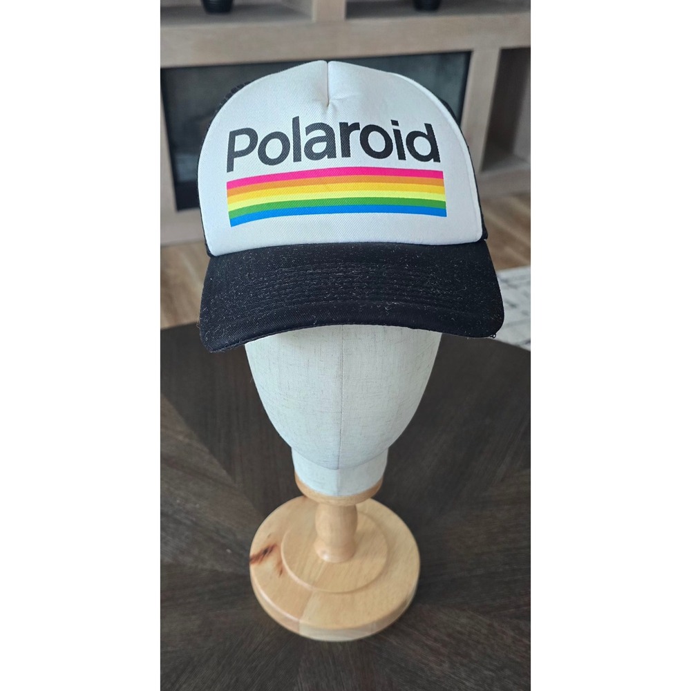 Polaroid Rainbow Logo Trucker Hat Black White Mesh Snapback Retro Baseball Cap